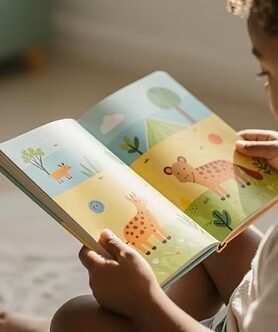 Child reading a colourful book